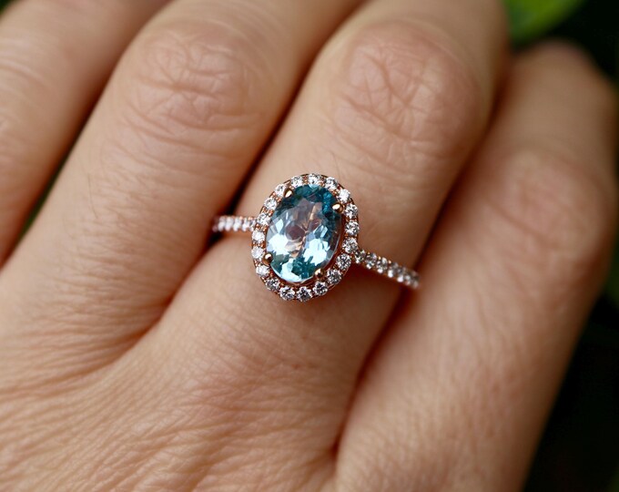 1ct Genuine Aquamarine 14k Rose Gold Solitaire Ring- Oval Natura Blue Aquamarine Halo Diamond Engagement Ring- March Birthstone Ring