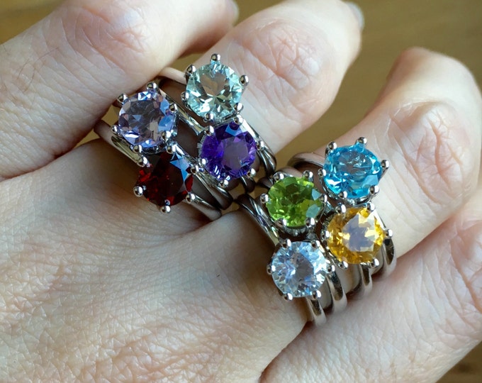 6 Prong Family Birthstone Stack Ring-6mm Round Genuine Natural Real Birthstone Ring- Silver February April August November December Ring