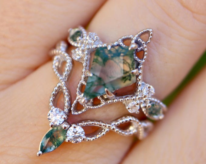 Kite Genuine Green Moss Agate Halo Celtic Knot Sterling Silver Rings