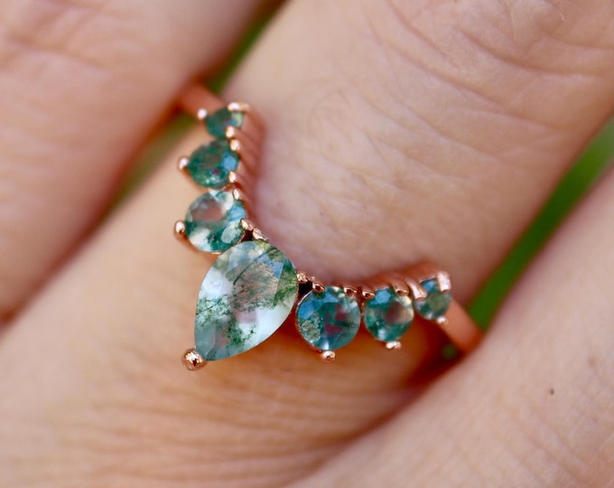 Genuine Moss Agate Contour Sterling Silver Wedding Band