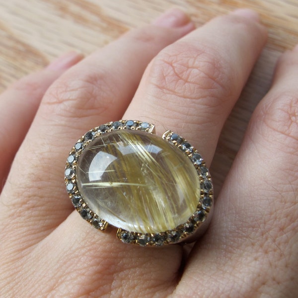 Gold Rutilated Quartz Ring- Rutilated Quartz Ring- Gold Stone Ring- Gold Rings- Rutile Ring- Gold Quartz Ring- Silver Quartz Ring