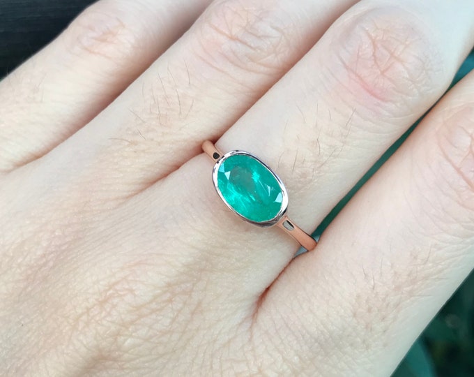 Genuine Emerald Rose Gold Ring- Oval 1.35ct Emerald Minimalist Ring- Simple East West Solitaire Green Ring- May Birthstone Bezel OOAK Ring