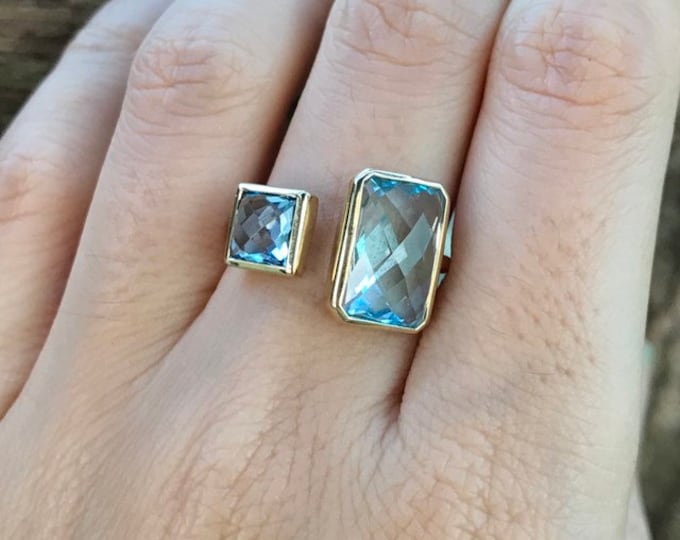 Sky Blue Topaz Dual Two Stone Ring- 14k Gold Blue Topaz Rose Cut Rectangle Square Ring- December Birthstone Ring- Mothers Birthstone Ring