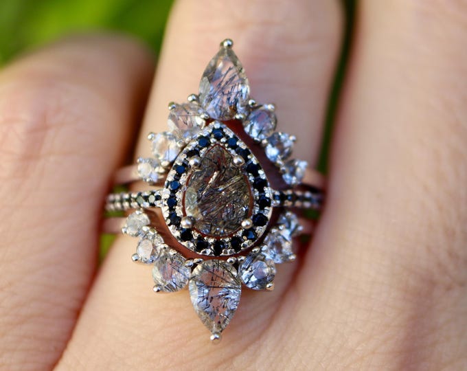 Teardrop Tourmalated Quartz Black Onyx Halo 3 Ring Set- Pear Black Rutile Engagement Rings- Salt Pepper Bridal Ring w/2 Wedding Band