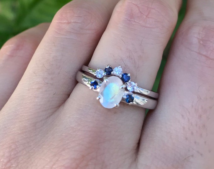 Oval Moonstone Blue Sapphire Dainty Engagement Rings- Genuine Natural Rainbow Moonstone Three Stone Blue Halo Wedding Two Prong Rings Set