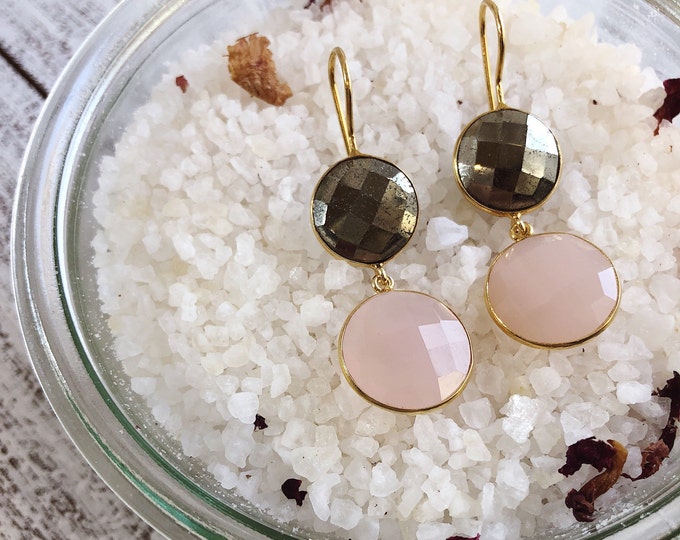 Raw Rustic Long Dangle Earring- Natural Pyrite Gold with Pink Drop Earring- Two Round Stone Earring- Boho Chic Gemstone Pink Gold Earring