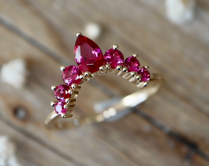 Ruby Silver Wedding Band- Red Stone Nesting Contour Rose Band- Dark Deep Pink Red Stack Chevron Band- Fuchsia Half Circle Bespoke Band