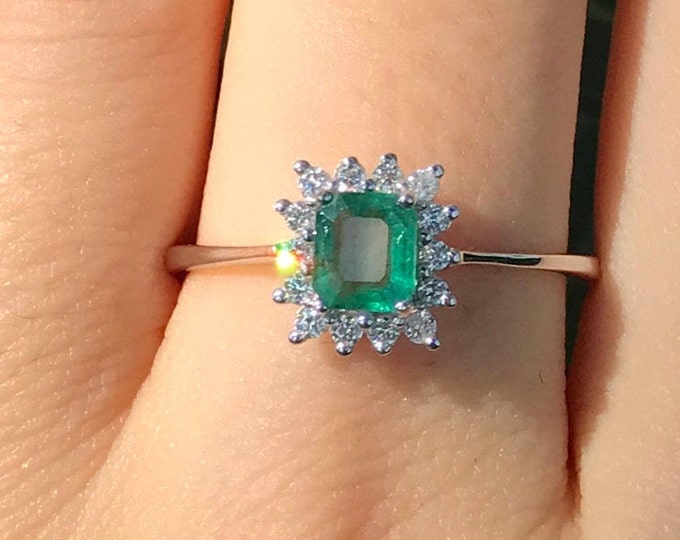 0.38ct Emerald Halo Diamond Promise Ring for Her- Genuine Emerald Dainty Engagement White Gold Ring- Rectangle Emerald May Birthstone Ring