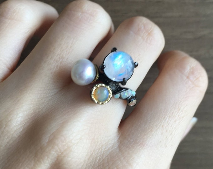 Cluster Gemstone Statement Large Ring- Gothic Punk Black Ring- Moonstone Opal Pearl Ring- Boho Multistone Ring