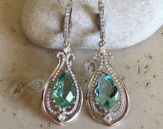 Aqua Green Quartz Earring- Bridal Earring- Wedding Earring- Dangle and Drop Earring- Cubic Zirconia Earring- Halo Earring- Gemstone Earring