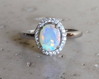 Oval Shape Opal Engagement Ring- Fire Opal Promise Ring- Genuine Opal Wedding Ring- October Birthstone Ring- Simple Opal Anniversary Ring
