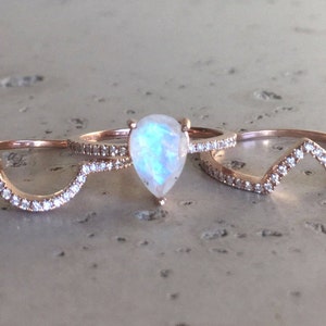 1ct Halo Genuine Moonstone Diamond Engagement 3 Ring Set- Natural Rainbow Moonstone Ring-June Birthstone Ring- Iridescent Anniversary Ring