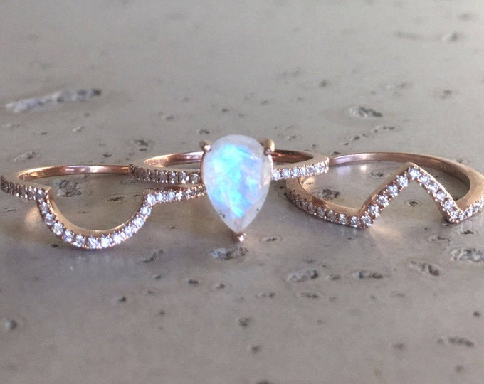 1ct Halo Genuine Moonstone Diamond Engagement 3 Ring Set- Natural Rainbow Moonstone Ring-June Birthstone Ring- Iridescent Anniversary Ring