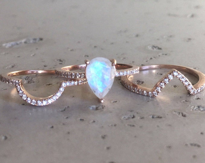 Moonstone Diamond Engagement Ring Set- Rose Gold Moonstone Bridal Ring Set- Pear Faceted Moonstone Ring- Boho Moonstone 3 Piece Ring Set