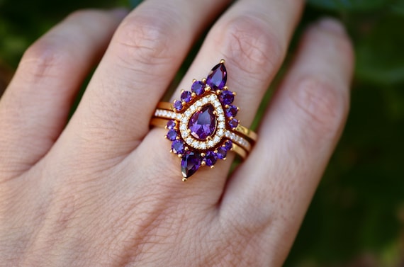 Teardrop Purple Amethyst Halo Bridal 3 Ring Set in Solid 14k 18k Gold