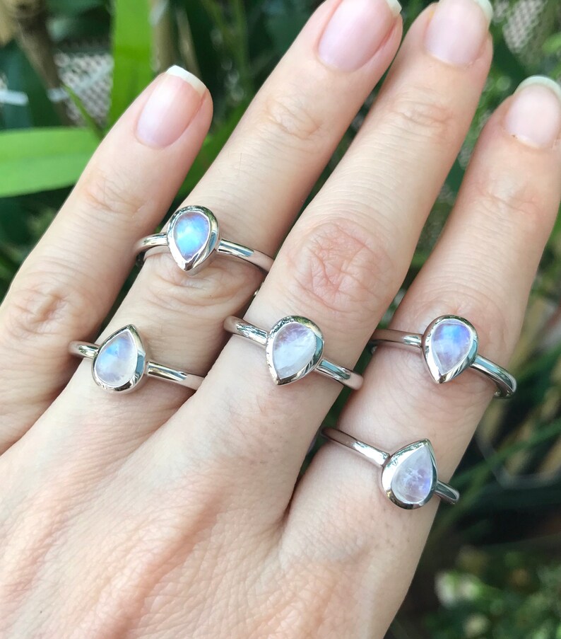 June Birthstone Ring Bohemian Simple Ring Teardrop Moonstone Ring Tiny Rainbow Moonstone Silver Ring Moonstone Stackable Pear Ring