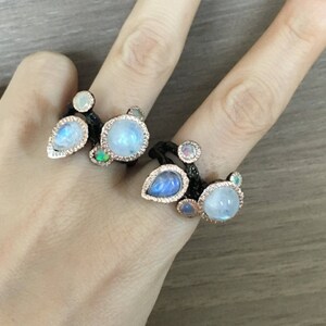 Cluster Moonstone Opal Ring- Multistone Gothic Statement Ring- Tree Branch Inspired Ring- Black Rhodium Statement Ring- Unique OOAK Ring