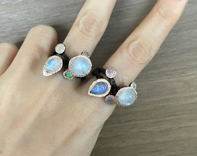 Cluster Moonstone Opal Ring- Multistone Gothic Statement Ring- Tree Branch Inspired Ring- Black Rhodium Statement Ring- Unique OOAK Ring