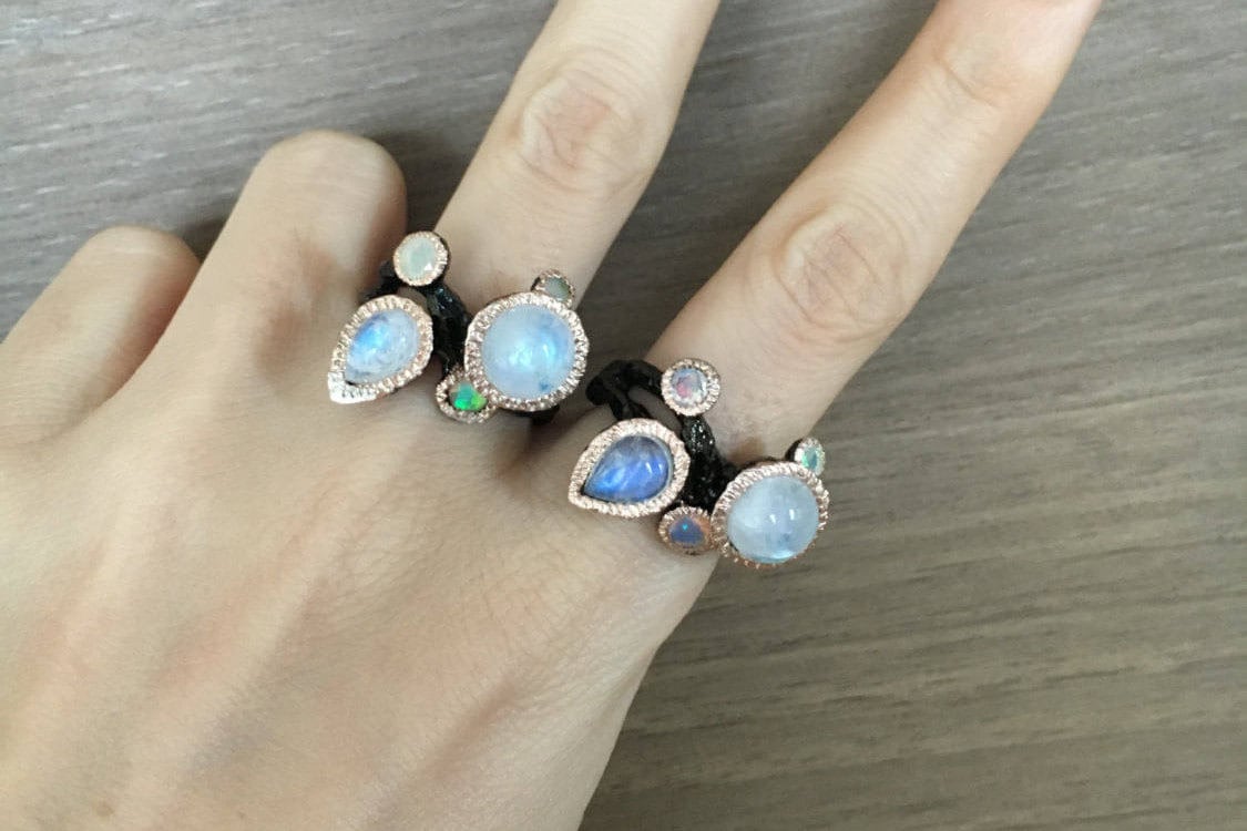 Cluster Moonstone Opal Ring Multistone Gothic Statement Ring