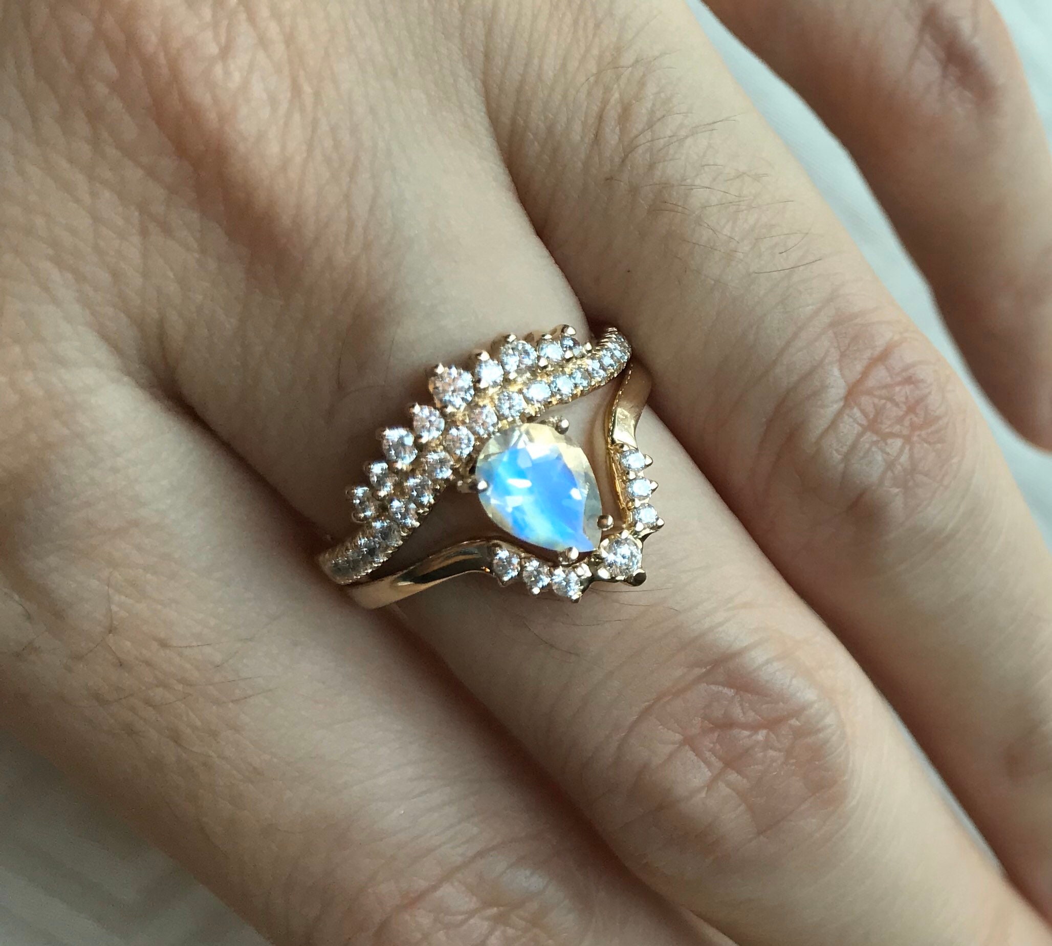 Moonstone Teardrop  Wedding  Ring  Set Moonstone Pear Bridal  