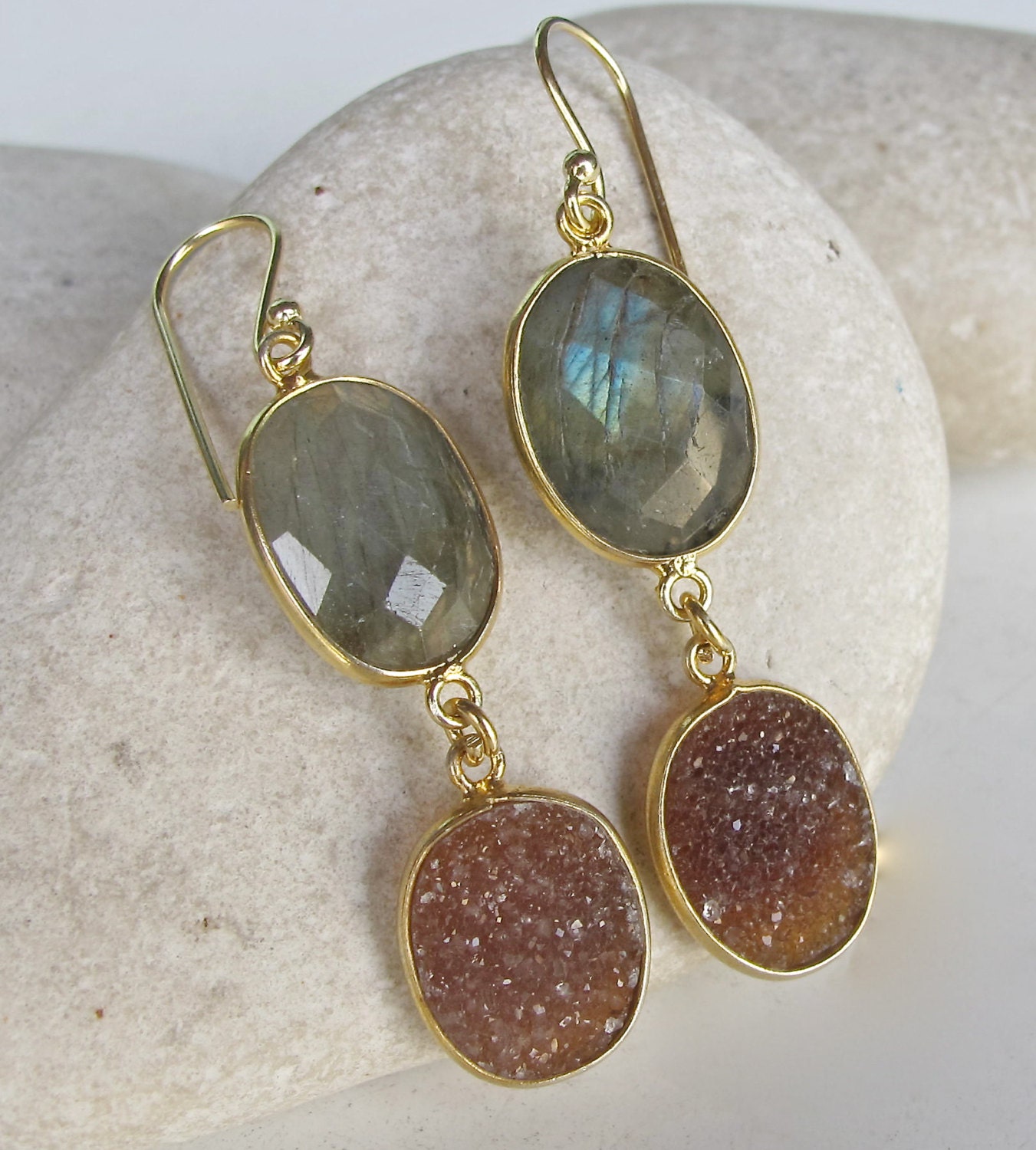 Bohemian Labradorite Druzy Earring Long Dangle Gold Earring Handmade 2 ...