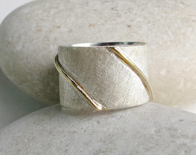 Silver Wide Brutalist Unisex Rustic Band- Minimalist Brushed Cigar Band- Statement Textured Mens Band- Modern Boho Gypsy Band