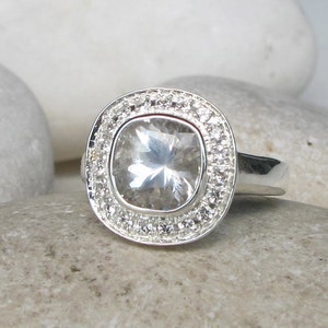 Genuine Cushion White Topaz Engagement Ring- Halo Colorless Clear Solitaire Ring- Square Silver Ring- Alternative Diamond Anniversary Ring