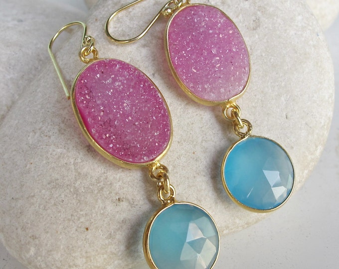 Boho Long Gold Druzy Earring Real Druzy Double Drop Earring Festival Colorful Coachella Gypsy Earring Pink Druzy Blue Gemstone Earring