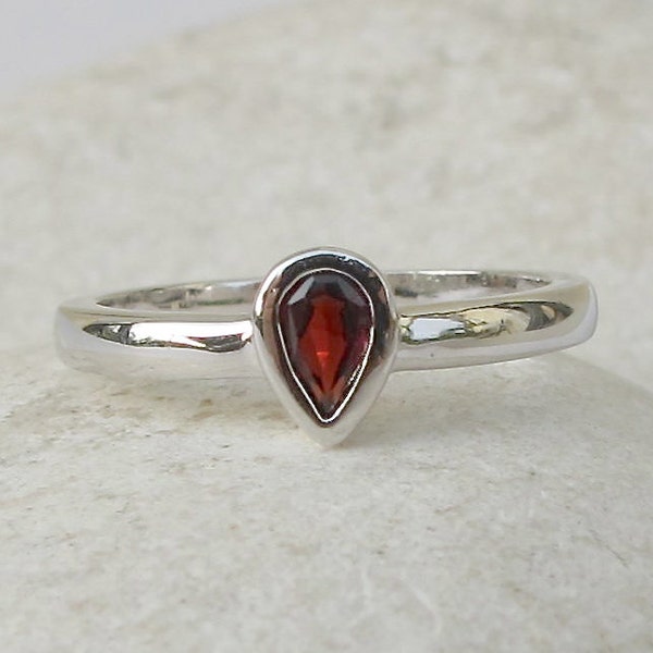 Pear Genuine Garnet Dainty Ring- Dark Red Stackable Ring- Silver Dainty Ring for Teen Child- Teardrop Gemstone Ring- January Birthstone Ring