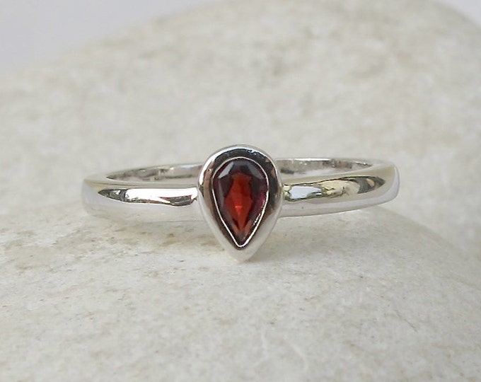 Pear Genuine Garnet Dainty Ring- Dark Red Stackable Ring- Silver Dainty Ring for Teen Child- Teardrop Gemstone Ring- January Birthstone Ring