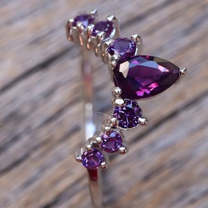 Amethyst Curve Wedding Sterling Silver Band- Purple Amethyst Enhancer Guard Rose Band- Dark Purple V Chevron Half Circle Gold Plated Band