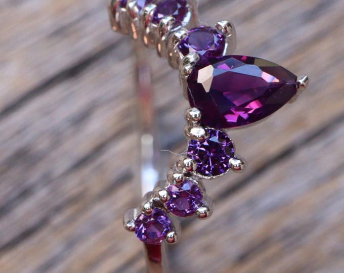 Amethyst Curve Wedding Sterling Silver Band- Purple Amethyst Enhancer Guard Rose Band- Dark Purple V Chevron Half Circle Gold Plated Band