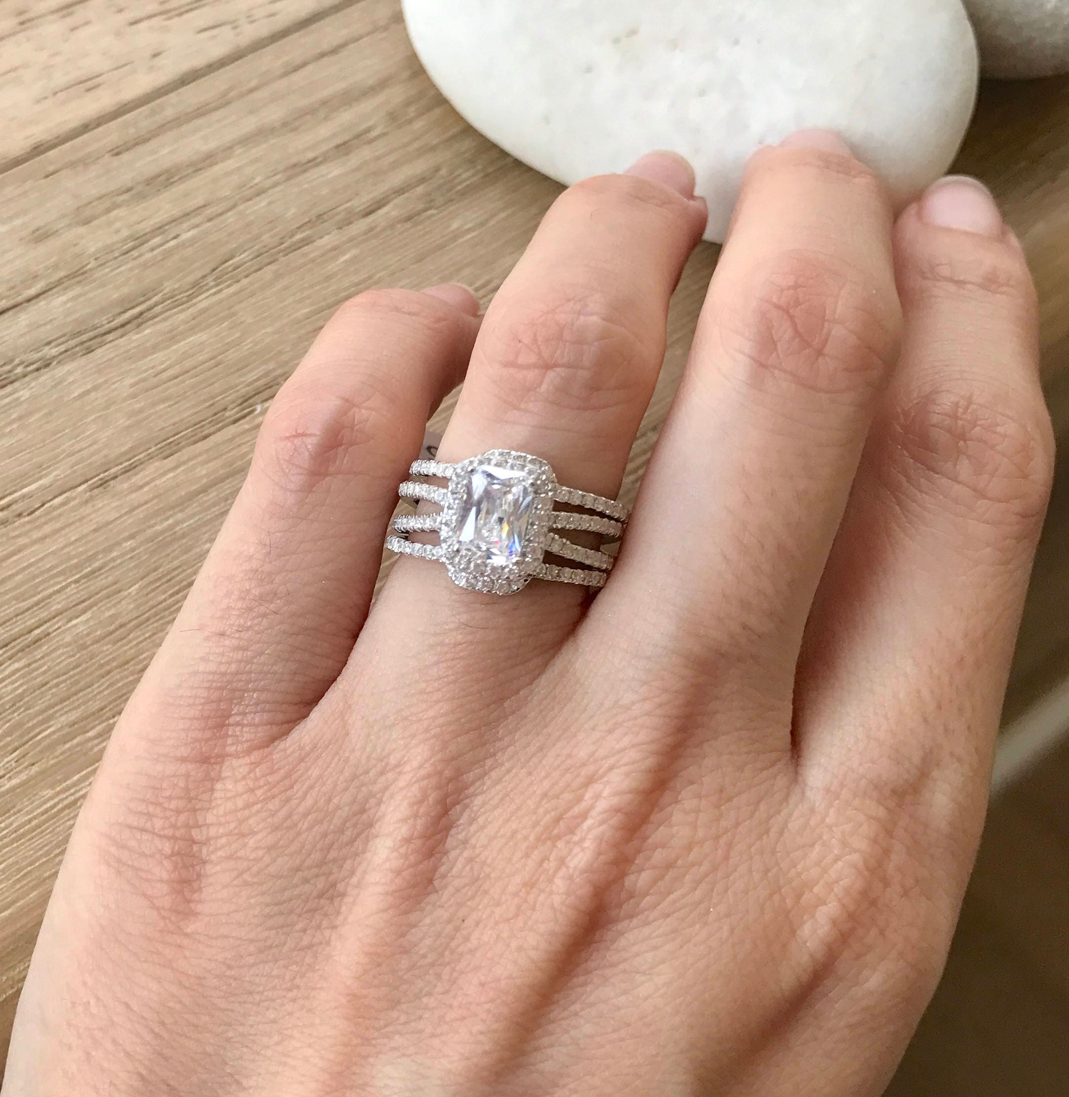 Emerald Cut Bridal Ring Set- Rectangle Engagement Ring Set- Alternative ...