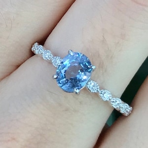 1 Carat Blue Sapphire Oval Engagement White Gold Ring- Genuine Sapphire with Diamond Promise Ring for Her- 4 Prong Anniversary Ring Size 7