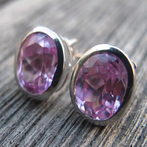 Pink Cubic Zirconia Stud Earring Pink Topaz Oval Silver Earring Pink Quartz Bezel Earring Pink Gemstone Classic Stud Earring image 2