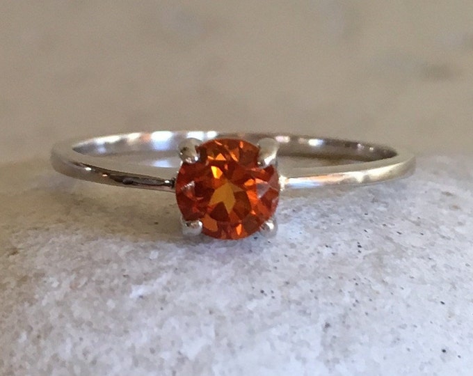 Citrine Dainty Prong Ring- Silver Citrine Stackable Ring- Round Dark Orange Genuine Citrine Ring- November Birthstone Ring-Ring for Teen Kid