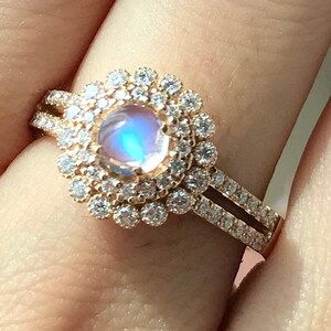Round Moonstone Diamond Double Halo Engagement Ring- Moonstone Floral Promise Split Shank 18k Yellow Gold- Cabochon Rainbow Moonstone Ring