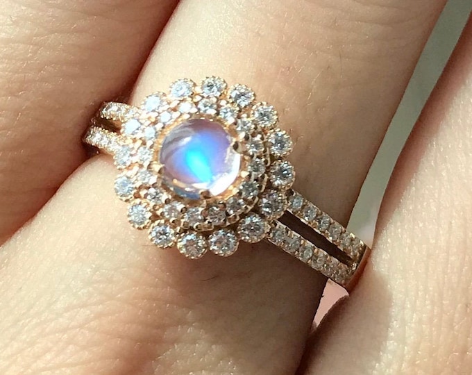 Round Moonstone Diamond Double Halo Engagement Ring- Moonstone Floral Promise Split Shank 18k Yellow Gold- Cabochon Rainbow Moonstone Ring