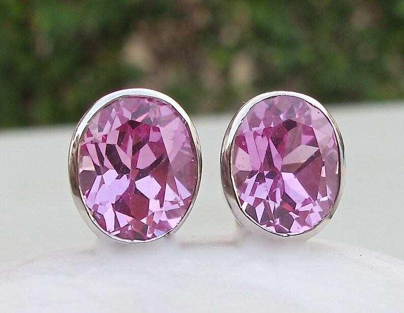 Oval Pink Cubic Zirconia Earring Pink Quartz Stud Bezel Earring Pink Topaz Silver Earring Rose Plated Gold Plated Stud Earring Sterling Silver