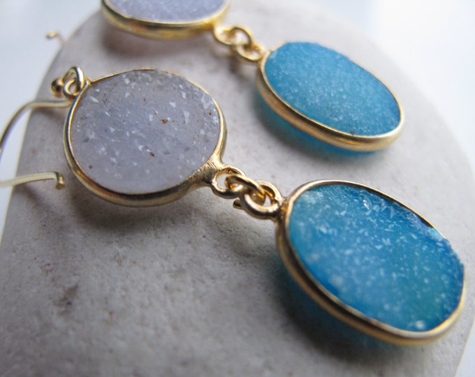 Druzy Long Dangle Earring- Blue Gray Druzy Drop Earring- Boho Statement Earring- Raw Stone Earring- Rough Stone Jewelry-Double Stone Earring