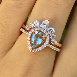 Vintage Natural Aquamarine Engagement Ring Set- Teardrop Genuine Aquamarine Bridal Deco Ring- Halo Aquamarine 0.50ct Promise Ring-