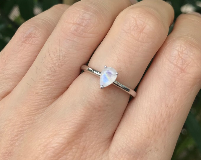 Moonstone Ring Silver Sterling Pear Simple Dainty Moonstone Boho