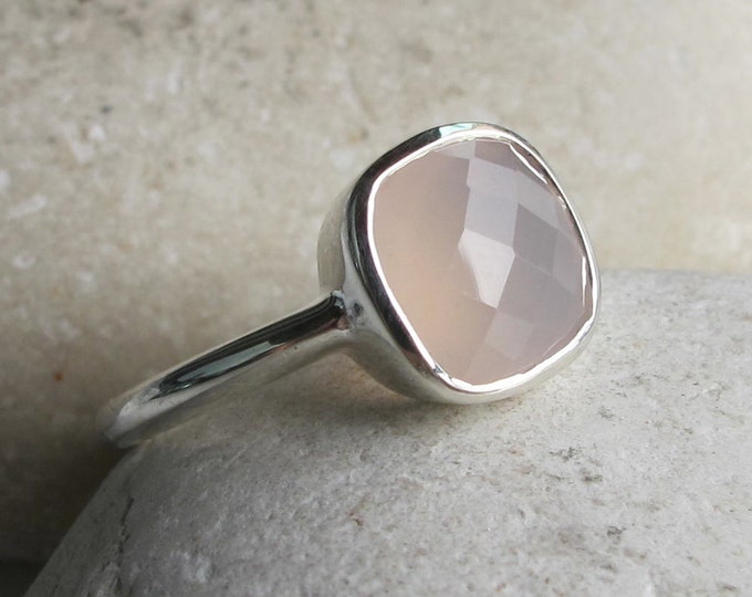 Rose Quartz Stack Square Silver Ring- Pink Chalcedony Simple Ring- Pink Onyx Gemstone Ring- Milky Pastel Pink Ring- October Birthstone Ring-