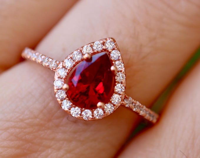 Teardrop Red Garnet Halo Sterling Silver Ring- Pear Garnet Solitaire Rose Gold Promise Ring- January Birthstone Ring for Her