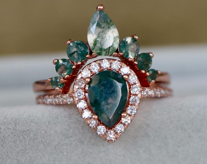 Teardrop Moss Agate Halo 2 Solid 14k 18k Gold Ring Set-Pear Natural Agate Engagement Ring-Genuine Green Promise Ring and Moss Agate Band