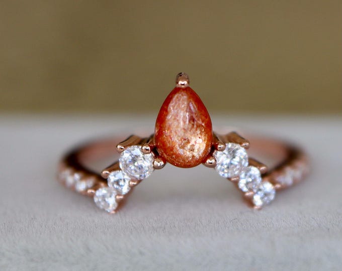 Genuine Pear Oregon Sunstone Contour Wedding Band- Orange Sunstone Chevron Band- Semi Circle 10k 14k 18k Band- Pairing Enhancer Ring Guard