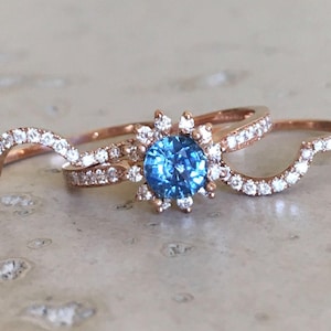 0.80ct Blauer Saphir Diamant Verlobung 3 Ringe Set- Echter Saphir FloralEr Heiligenschein Brautring Set- RundEr Saphir Hochzeitsblumen Ring Set