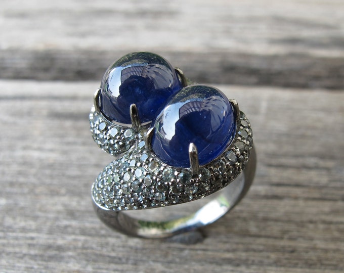 Blue Sapphire Oval Statement Bypass Ring- Avant Garde Cabochon Sapphire Genuine Soltiatire Ring- September Birthstone Ring- Two Stone Ring