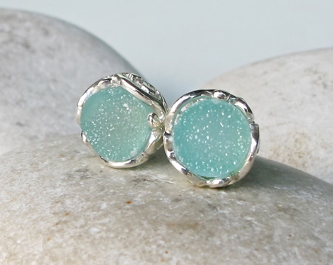 Seafoam Green Druzy Celestial Stud Earring- Galaxy Mint Green Silver Earring- Round Bridesmaid Stud Earring- Boho Raw Crystal Stud