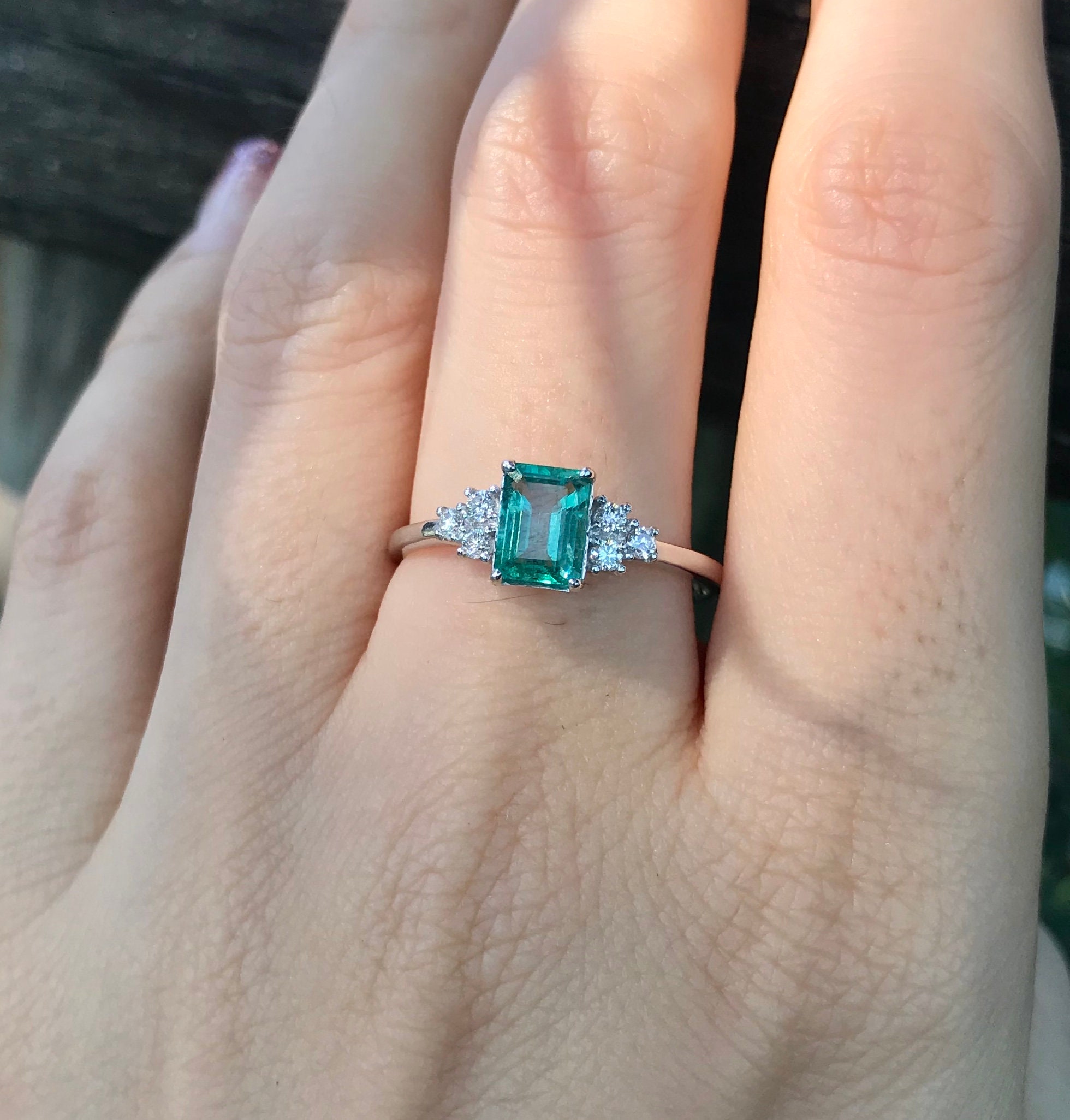 Genuine Emerald Diamond Promise Ring for Her Emerald Rectangle Deco